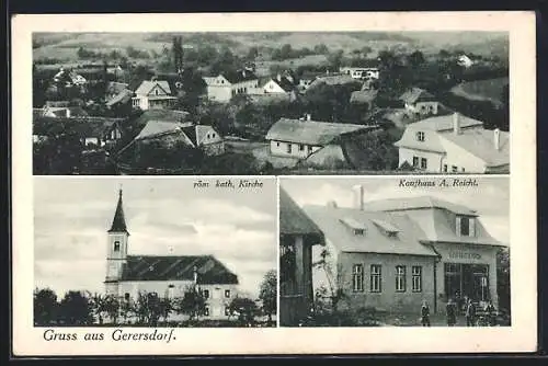 AK Gerersdorf-Sulz, Gerersdorf, Kaufhaus A. Reichl, röm. kath. Kirche und Totalansicht