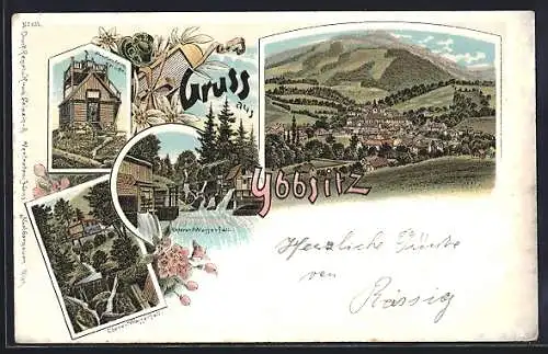 Lithographie Ybbsitz, Prochenberg-Hütte, Unterer und oberer Wasserfall, Totalansicht