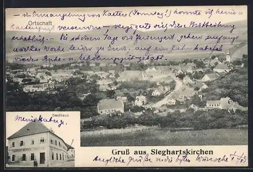 AK Sieghartskirchen, Gasthaus von Leopold Berger, Ortsansicht aus der Vogelschau