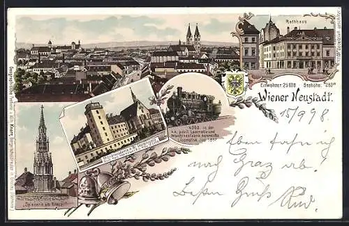 Lithographie Wiener Neustadt, Spinnerin am Kreuz, Militärakademie mit St. Georgskapelle, Rathaus