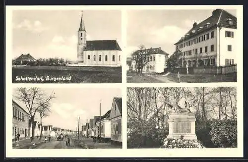 AK Schattendorf, Kirche, Ehrenmal und Strassenpartie