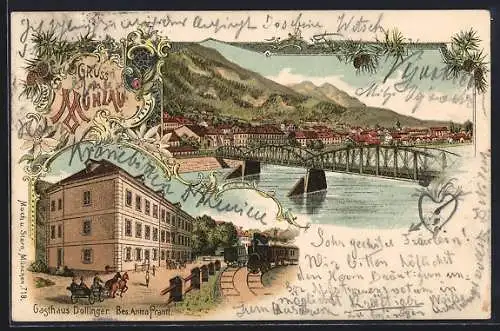 Lithographie Innsbruck, Mühlau, Gasthaus Dollinger v. Anton Prantl, Ortsansicht