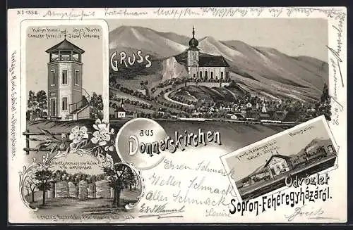 Lithographie Donnerskirchen, Kaiser Franz-Josef-Warte, Bahnhof mit einfahrendem Zug