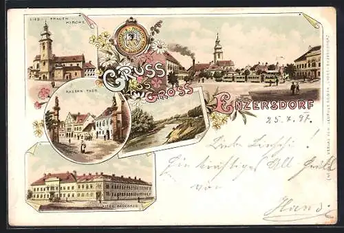 Lithographie Gross Enzersdorf, Kasern Thor, Altes Rathaus, Liebfrauen-Kirche