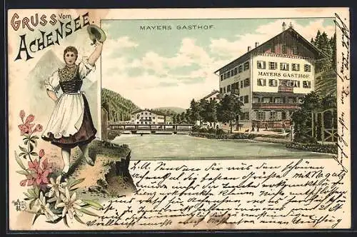 Lithographie Achensee, Mayers Gasthof am Fluss, Frau in Tracht im Passepartout