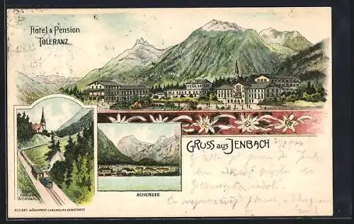 Lithographie Jenbach, Hotel Pension Toleranz, Zahnradbahn am Achensee, Blick über den Achensee