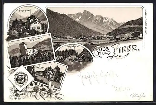 Lithographie Lienz, Schiesstätte, Schloss Bruck, Tristacher See, Unterer Stadtplatz