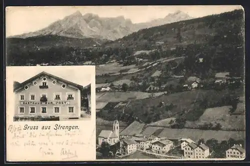 AK Strengen, Gasthaus zur Post, Totalansicht gegen die Berge