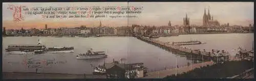 Riesen-AK Köln, Rhein-Blick mit Innenstadt-Panorama, Dampfer am Anleger vor der Pontonbrücke, Vers von Wolfgang Müller