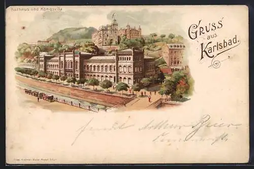 Lithographie Karlsbad, Kurhaus und Königsvilla, Pferdekutschen