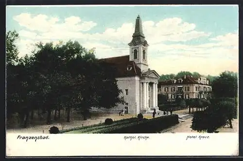 AK Franzensbad, Kathol. Kirche, Hotel Kreuz