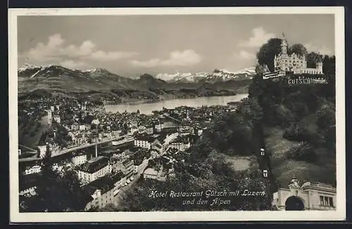 AK Luzern, Teilansicht mit Hotel Restaurant Gütsch und den Alpen