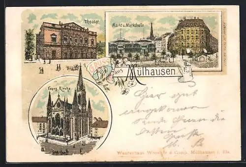 Lithographie Mülhausen, Markt und Markthalle, Theater, Evangelische Kirche