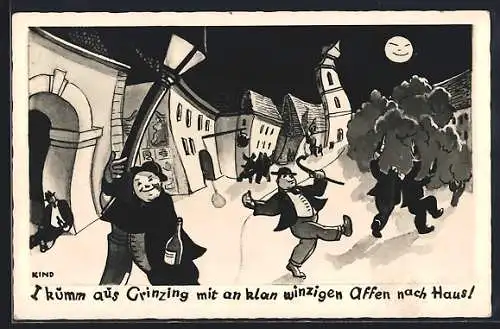 Künstler-AK Wien, Karikatur: Betrunkene in Grinzing