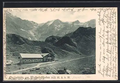 AK Orglerhütte am Wasserfallboden, Panorama mit Berggipfel