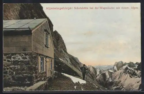 AK Schutzhütte bei der Wagenlucke im Alpsteingebirge, Blick über die österr. Alpen