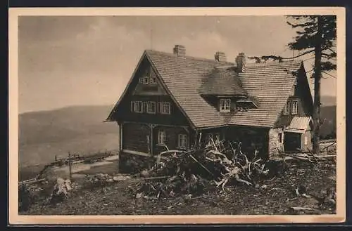 AK Heufuderbaude bei Bad Flinsburg, Blick aufs Isergebirge