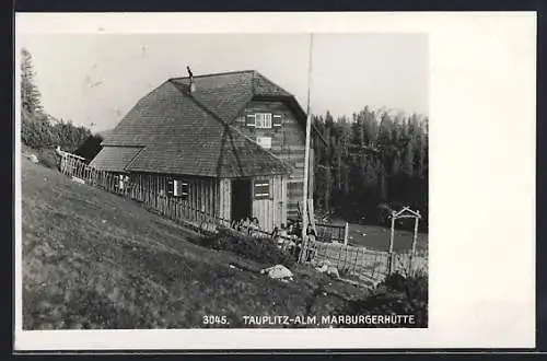 AK Marburgerhütte auf der Tauplitz-Alm, Ansicht vom Hang aus