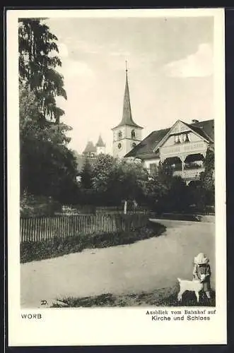 AK Worb, Kirche und Schloss vom Bahnhof aus