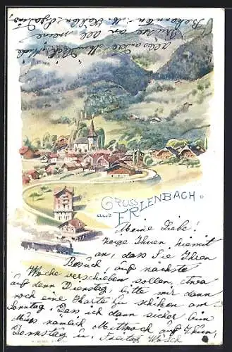 Lithographie Erlenbach /Simmental, Totalansicht am Bergfuss