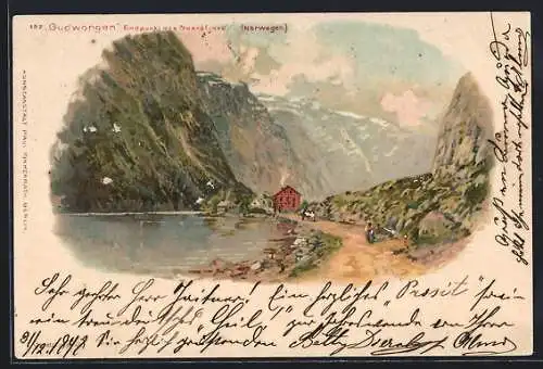 Lithographie Gudwangen, Beschauliche Partie im Fjord