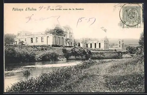 AK Gozée, Abbaye d`Aulne, les ruines vues de la Sambre