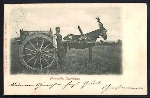 AK Sizilianer mit Pferdewagen auf einer Wiese