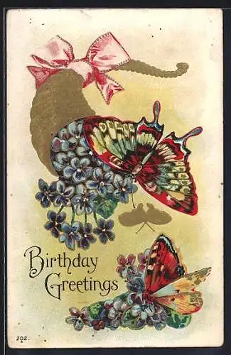 Lithographie Füllhorn mit Blumen und Schmetterlingen, Geburtstagsgruss