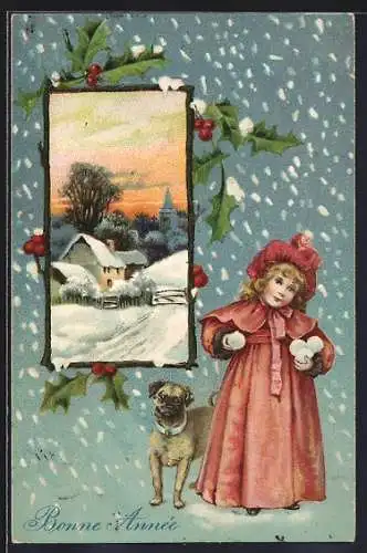 Lithographie Mädchen mit Hund, Schnee-Idylle, Neujahrsgruss