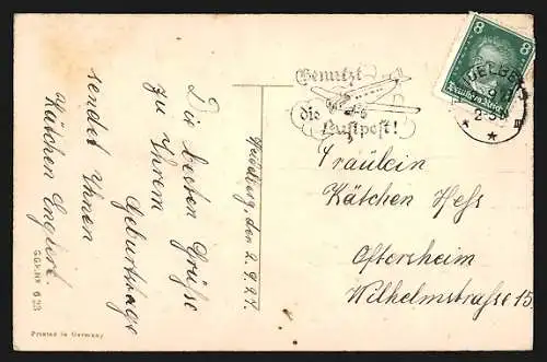 Lithographie Mädchen und Blumen im Hundegespann, Geburtstagsgruss