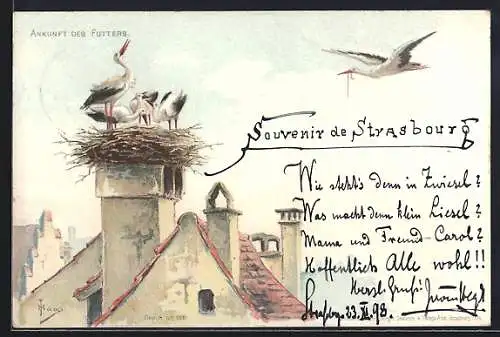 Lithographie Storch bringt Futter zum Nest auf einem Schornstein