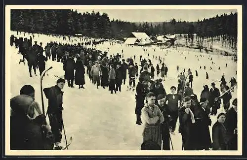 AK Bad Harzburg, Molkenhaus mit Skifahrern im Schnee