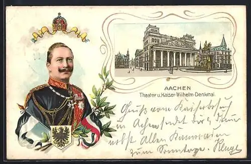 Lithographie Aachen, Theater und Kaiser-Wilhelm-Denkmal, Portrait mit Wappen