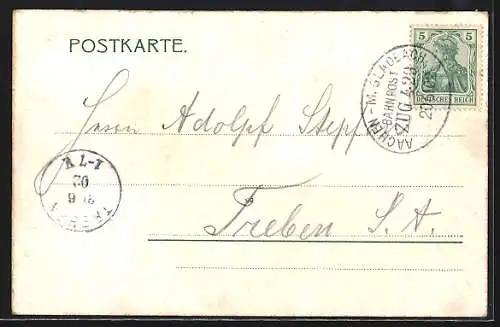 Lithographie Aachen, Theater und Kaiser-Wilhelm-Denkmal, Portrait mit Wappen
