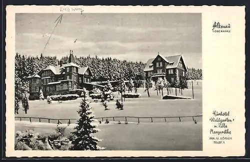 AK Altenau / Oberharz, Kurhotel Waldgarten mit Villa Margarethe im Schnee