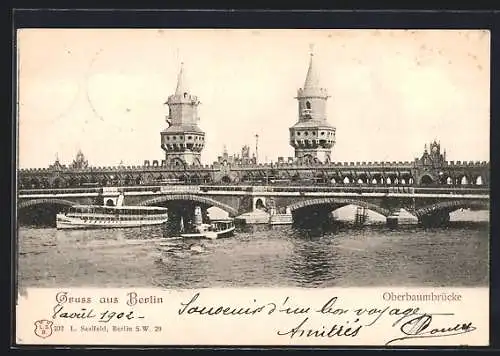 AK Berlin-Friedrichshain, Oberbaumbrücke mit Dampfer