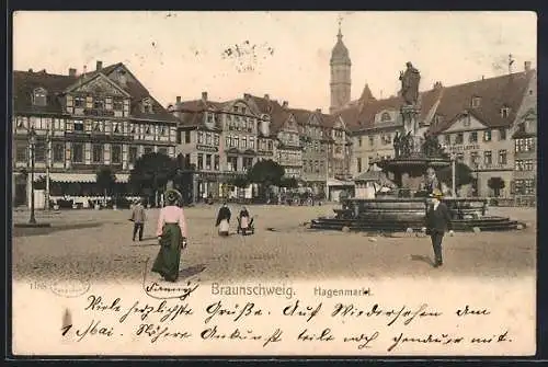 AK Braunschweig, Hagenmarkt mit Brunnen