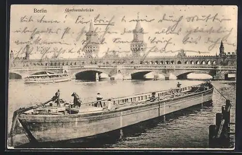 AK Berlin-Friedrichshain, Oberbaumbrücke mit Schiff