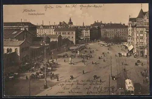 AK München, Bahnhof und Bahnhofsplatz mit Strassenbahn