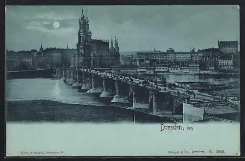 Mondschein-AK Dresden, Kirche und Brücke mit Strassenbahn