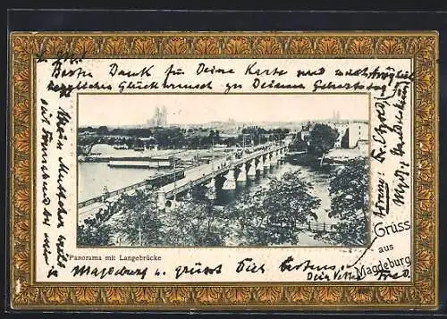 Lithographie Magdeburg, Panorama mit Langebrücke, Passepartout