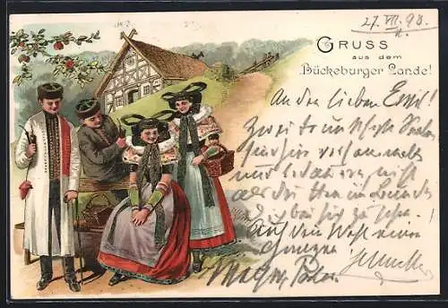 Lithographie Bückeburg, Bückeburger Lande, Einwohner in Tracht