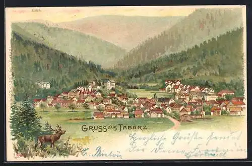 Lithographie Tabarz, Gesamtansicht der Ortschaft