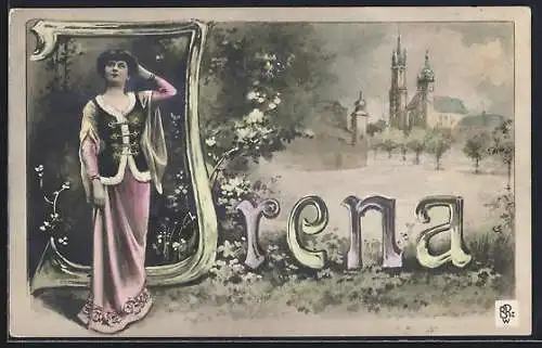AK Namenstag Irena, Frauenfigur vor einem Dorf