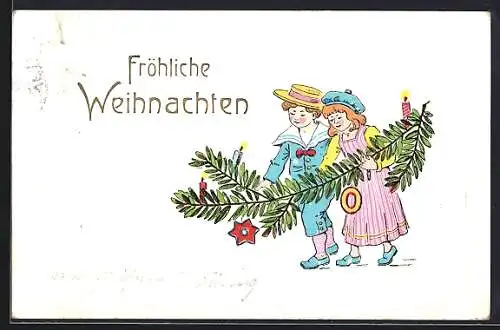 Präge-AK Fröhliche Weihnachten, Kinder schmücken einen Tannenzweig