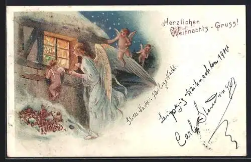 AK Weihnachtsengel blickt durch ein beleuchtetes Fenster