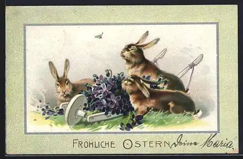 Präge-AK Osterhasen mit einer Schubkarre voller Veilchen