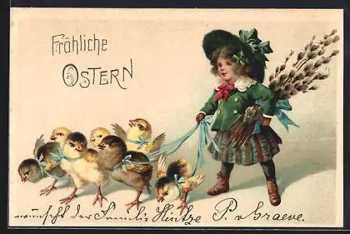 Präge-AK Mädchen führt eine Schar Osterküken an der Leine