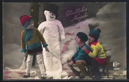 AK Schneemann und Kinder auf einem Schlitten, Neujahrsgruss