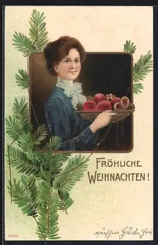 Präge-AK Fröhliche Weihnachten, Dame trägt Schale mit Äpfeln, Tannenzweig